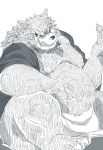  2020 anthro asian_clothing asian_mythology bulge clothing east_asian_clothing east_asian_mythology foo_dog fundoshi fur hi_res japanese_clothing japanese_mythology kemono komainu male mammal mikanyeye moobs mythology nipples overweight overweight_anthro overweight_male sengoku_puzzle serizawa_kamo simple_background sitting solo underwear video_games white_background yōkai 