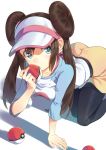  1girl all_fours bangs black_legwear blush bow breasts brown_hair collarbone commentary_request double_bun green_eyes holding holding_poke_ball legwear_under_shorts long_hair looking_at_viewer pantyhose pink_bow poke_ball poke_ball_(basic) pokemon pokemon_(game) pokemon_bw2 raglan_sleeves rosa_(pokemon) shirt shorts solo t-okada twintails visor_cap yellow_shorts 