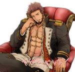  1boy abs bara blue_eyes boots brown_hair cannon chest chest_scar collar elbow_rest epaulettes facial_hair fate/grand_order fate_(series) fringe_trim goatee hairy jacket leg_lift long_sleeves male_focus military military_uniform muscle napoleon_bonaparte_(fate/grand_order) navel_hair open_clothes open_jacket open_pants open_shirt pants pectorals scar short_hair sideburns smile solo tentenkingyo throne unbuttoned uniform white_background 