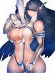  1girl asymmetrical_clothes black_hair blue_eyes breasts cleavage covered_nipples determined elbow_gloves eyebrows eyebrows_behind_hair fumio_(rsqkr) gloves high_collar highres impossible_clothes junketsu kamui_(kill_la_kill) kill_la_kill kiryuuin_satsuki long_hair looking_at_viewer navel nipples pout revealing_clothes sidelocks thick_eyebrows thighhighs white_background white_gloves white_legwear wide_hips 