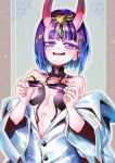  1girl bangs blush breasts dedeen eyewear_removed fang fate/grand_order fate_(series) glasses highres horns jewelry multicolored multicolored_background open_clothes open_mouth open_shirt purple_eyes purple_hair shiny short_hair shuten_douji_(fate/grand_order) smile teeth 