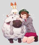  1girl :d blush bob_cut boots brown_footwear brown_hair buttons cardigan closed_eyes dress gen_8_pokemon gloria_(pokemon) green_headwear green_legwear grey_background grey_cardigan hat hooded_cardigan iruzu_(pixiv27236115) kneeling open_mouth pink_dress plaid plaid_legwear pokemon pokemon_(creature) pokemon_(game) pokemon_swsh scorbunny short_hair smile socks starter_pokemon symbol_commentary tam_o&#039;_shanter wooloo 