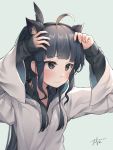  1girl ahoge animal_ears artemis_of_the_blue atelier_live bangs black_eyes black_hair blush close-up dated embarrassed english_commentary fake_animal_ears highres looking_ahead shark_fin signature solo tofumang virtual_youtuber 