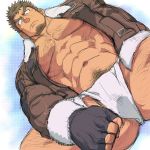  1boy abs bara bare_chest body_hair brown_coat brown_hair bulge chest chest_hair coat facial_hair fingerless_gloves forked_eyebrows from_below fundoshi fur-trimmed_coat fur_trim gloves goatee hairy japanese_clothes kengo_(tokyo_houkago_summoners) loincloth looking_at_viewer male_focus male_pubic_hair manly muscle navel navel_hair nipple_slip nipples open_clothes open_coat pubic_hair short_hair sketch solo thick_eyebrows thick_thighs thighs tokyo_houkago_summoners yakisoba_ohmori 