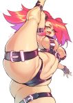  1girl :3 absurdres artist_name ass belt black_gloves breasts cameltoe commentary fingerless_gloves gloves gofa highres large_breasts leg_lift long_hair looking_at_viewer mia_(gofa) navel original red_hair signature simple_background skindentation solo thick_thighs thighs 
