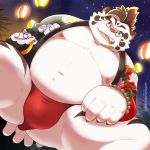  1:1 2020 anthro asian_clothing belly blue_eyes clothing east_asian_clothing eyewear felid festival fundoshi fur glasses happi_(clothing) hi_res japanese_clothing kemono licho_(tas) male mammal navel night nipples omochiwotakusan outside overweight overweight_anthro overweight_male pantherine solo tiger tokyo_afterschool_summoners underwear video_games white_body white_fur 