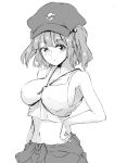  bangs bare_shoulders breasts clothes_around_waist covered_nipples deetamu greyscale hand_on_hip hat highres jewelry kappa kawashiro_nitori key large_breasts looking_at_viewer monochrome navel necklace no_bra shirt shirt_around_waist short_twintails sideboob tank_top touhou twintails 