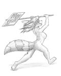  4:5 anthro breasts english_text featureless_breasts female flinters fur hair hi_res holding_object holding_sign mammal monochrome nude procyonid raccoon ringtail running solo text tracy_(sailoranna) 