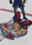  abs absurd_res biceps blood_on_mouth bodily_fluids boxing boxing_gloves bulge clothing defeated duo garou:_mark_of_the_wolves handwear hi_res human humanoid king_of_fighters koreanhusky male mammal mask muscular muscular_male pecs punched_in_face saliva snk sport the_griffon_mask tizoc unconscious wrestler 