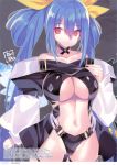  1girl asymmetrical_wings bare_shoulders belt blue_hair breasts cameltoe choker cleavage collarbone dizzy_(guilty_gear) guilty_gear guilty_gear_x guilty_gear_xx hair_ribbon hand_on_own_chest highres large_breasts long_hair miwa_yoshikazu navel panties parted_lips partially_visible_vulva puffy_sleeves red_eyes ribbon solo tail tail_ribbon thick_thighs thigh_strap thighs twintails underboob underwear wide_hips wings 