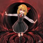  1girl a-xii black_legwear blonde_hair bow dress eyebrows_visible_through_hair highres looking_at_viewer necktie open_mouth outstretched_arms red_eyes red_neckwear ribbon rumia solo teeth touhou 