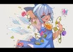  (9) 1girl :d arm_behind_head arm_up black_border blue_bow blue_dress blue_eyes blue_hair blush border bow cirno cowboy_shot dress fang flower frozen_flower hair_bow highres ice ice_wings leaf letterboxed morning_glory open_mouth plant puffy_short_sleeves puffy_sleeves shirt short_hair short_sleeves simple_background skin_fang small_rabbit smile solo sunflower tanned_cirno touhou vines water_drop white_background white_shirt wings 