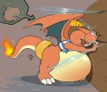  ambiguous_gender belly big_belly charizard clothing de-flator feral fire flaming_tail inflation nintendo pok&eacute;mon pok&eacute;mon_(species) puffed_cheeks solo sound_effects text thick_thighs torn_clothing video_games water_inflation wings 