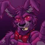  2018 animatronic anthro bonnie_(fnaf) buckteeth cheek_tuft eyebrows facial_tuft fingers five_nights_at_freddy&#039;s freckles fur glowing glowing_eyes hair head_tuft juliart15 lagomorph leporid machine male mammal pawpads purple_body purple_fur purple_hair rabbit red_eyes ribbons robot signature solo teeth tuft video_games whiskers 