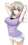  1girl absurdres aikir_(jml5160) armpits arms_behind_head blue_eyes blush breasts girls_und_panzer grey_hair hair_between_eyes highres itsumi_erika large_breasts purple_tank_top shorts solo tank_top thighs 