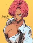  1girl blue_eyes breasts cleavage collared_shirt commentary dark_skin english_commentary giovanna_(guilty_gear) guilty_gear guilty_gear_strive hair_over_one_eye large_breasts maddestmao no_bra partially_unbuttoned red_hair shirt short_hair sketch solo suspenders upper_body white_shirt yellow_background 