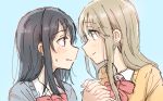  2girls absurdres adachi_sakura adachi_to_shimamura betock black_hair blonde_hair blush highres holding_hands interlocked_fingers long_hair medium_hair multiple_girls profile school_uniform shimamura_hougetsu sketch smile yuri 