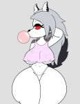  anthro blowing_bubble breasts bubble_gum canid canid_demon canine clothed clothing crackalacking crop_top curvy_figure demon eyelashes female fur grey_body grey_fur grey_hair hair hellhound helluva_boss hi_res loona_(vivzmind) mammal nipple_outline notched_ear panties piercing red_eyes shirt skimpy solo thick_thighs thong topwear under_boob underwear voluptuous white_body white_fur white_panties white_thong wide_hips 