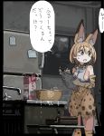  1girl animal_ears bare_shoulders blonde_hair border bow bowtie breasts brown_eyes commentary_request dripping elbow_gloves extra_ears eyebrows_visible_through_hair faucet gloves hair_between_eyes high-waist_skirt holding i_love_serval indoors kemono_friends kitchen looking_to_the_side medium_hair milk_carton oekaki open_mouth print_bow print_gloves print_neckwear print_skirt serval_(kemono_friends) serval_ears serval_print serval_tail shirt sideboob skirt sleeveless sleeveless_shirt solo standing tail torn_clothes torn_skirt translation_request window 