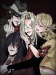  2boys 2girls alucard_(hellsing) armband bandana bangs beige_legwear black_background black_coat black_hair black_headwear blazer blonde_hair blue_eyes brown_hair cigar cigarette coat collared_shirt commentary_request cowboy_hat fangs formal gloves hair_between_eyes hand_on_another&#039;s_chest hand_on_another&#039;s_face hat hellsing highres integra_hellsing ippei_(2omg072) jacket lens long_sleeves looking_at_another looking_at_viewer medium_hair middle_finger multiple_boys multiple_girls necktie pip_bernardotte platinum_blonde_hair police police_uniform red_bandana red_eyes red_jacket red_neckwear round_eyewear seras_victoria shaded_face shirt short_hair short_sleeves smile suit teeth thighhighs uniform upper_body white_gloves white_shirt zettai_ryouiki 