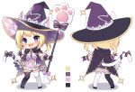  1girl :d animal_ear_fluff animal_ears argyle argyle_dress bangs black_cape black_footwear black_legwear blonde_hair blush bow cape cat_ears cat_girl cat_tail chibi color_guide commentary_request dress ears_through_headwear eyebrows_visible_through_hair gloves hat holding holding_staff long_hair looking_at_viewer lumia_saga mauve mismatched_legwear multiple_views open_mouth purple_background purple_dress purple_eyes purple_gloves purple_headwear shadow shoes smile staff standing striped striped_bow striped_legwear tail tail_bow tail_raised thighhighs twintails upper_teeth vertical-striped_legwear vertical_stripes white_background white_legwear witch_hat 