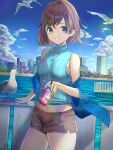  1girl absurdres akira_tooru animal bangs bird blue_eyes blue_jacket blue_skirt blue_sweater bob_cut breasts brown_hair brown_shorts cityscape cloud cowboy_shot cup day disposable_cup drinking_straw hand_on_railing highres jacket jewelry looking_at_viewer medium_breasts midriff navel necklace off_shoulder original outdoors seagull short_hair short_shorts shorts skirt sleeveless sleeveless_sweater smile solo standing sweater swept_bangs turtleneck turtleneck_sweater water wind 
