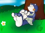  2018 3_toes animal_crossing anthro black_nose crossed_arms eulipotyphlan female flower foot_focus godaduhslime grass_field hedgehog mabel_able mammal nintendo paws plant puffed_cheeks short_ears sky sleeping soles solo sound_effects toes video_games watermark zzz 