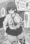  1girl animal_print bikini blush breasts cow_print greyscale large_breasts mask monochrome mouth_mask necktie noripachi original shirt short_hair skirt solo speech_bubble standing striped striped_neckwear surgical_mask sweat swimsuit thighhighs thighs translation_request 