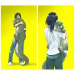  1boy animal animal_focus black_eyes black_hair blue_pants border crocodile crocodilian highres holding holding_animal long_sleeves looking_at_viewer medium_hair multiple_views nishimawari_kouro original pants shirt short_sleeves simple_background slit_pupils white_border white_shirt yellow_background 