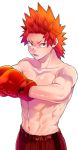  1boy 310_mha alternate_costume boku_no_hero_academia boxing_gloves collarbone cowboy_shot gloves highres kirishima_eijirou looking_at_viewer male_focus navel pectorals red_eyes red_gloves red_hair red_shorts sharp_teeth shirtless shorts simple_background solo spiked_hair symbol_commentary teeth upper_body white_background 