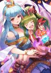  2girls bare_shoulders blue_dress blue_hair bracelet breasts candy cleavage closed_eyes dress fire_emblem fire_emblem_heroes food green_hair highres horns jack-o&#039;-lantern jewelry long_hair multiple_girls nakabayashi_zun ninian red_dress red_eyes ring smile tiki_(fire_emblem) 