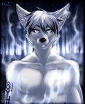  absurd_res anthro ariveil black_hair canid canine detailed_background fox fur hair hi_res male mammal multicolored_hair open_mouth solo tattoo teeth two_tone_hair white_body white_eyes white_fur white_hair 