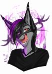  absurd_res anthro ariveil black_body black_fur black_hair canid canine clothed clothing fangs fur grey_body grey_fur hair heterochromia hi_res male mammal multicolored_body multicolored_fur multicolored_hair open_mouth open_smile purple_body purple_eyes purple_fur purple_hair red_eyes simple_background smile solo teeth tongue tongue_out two_tone_hair white_background 