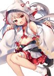  1girl :d animal_hood azur_lane blush breasts collar detached_sleeves eyebrows_visible_through_hair fang grey_hair hood japanese_clothes legs long_hair looking_at_viewer medium_breasts open_mouth red_collar red_eyes red_skirt ribbon-trimmed_skirt ribbon_trim simple_background skirt smile solo tabi tatara_maguro thick_eyebrows underboob white_background wide_sleeves wolf_hood yuudachi_(azur_lane) yuudachi_(the_bride_of_solomon)_(azur_lane) 