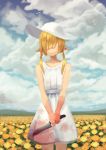  1girl absurdres bird blood bloody_clothes bloody_weapon closed_mouth cloud cloudy_sky covered_eyes day dress facing_viewer field flower flower_field hair_over_eyes hat highres holding holding_knife knife low_twintails okame_nin orange_flower original outdoors pointy_ears short_dress sky smile solo standing sun_hat sundress twintails weapon white_dress white_headwear yellow_flower 