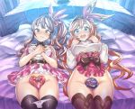  2girls aqua_eyes bangs bed bed_sheet bedroom blush box bracelet brown_hair brown_legwear chocolate clarisse_(granblue_fantasy) commentary_request curly_hair diantha_(granblue_fantasy) dress embarrassed gift gift_box granblue_fantasy groin hair_between_eyes idol jewelry light_brown_eyes long_hair long_sleeves looking_at_viewer lying mimonel multiple_girls navel no_panties on_back on_bed open_mouth orange_hair panties pink_lips pink_skirt plaid plaid_ribbon ribbon short_dress side_ponytail skirt sweat sweater take_your_pick thighhighs thighs turtleneck underwear very_long_hair wavy_mouth white_panties white_sweater wooden_wall 