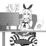  1boy bar_censor censored chair commentary_request crop_top eating elbow_gloves gloves greyscale hair_between_eyes hairband highres kantai_collection long_hair male_masturbation masturbation monitor monochrome office_chair otoko_no_ko penis pizza_box pizza_slice pleated_skirt shimakaze-kun shimakaze_(kantai_collection) simple_background sitting skirt solo striped striped_legwear table takaman_(gaffe) testicles thighhighs white_background 