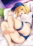 1girl :o ahoge artoria_pendragon_(all) baseball_cap blonde_hair blue_eyes blue_headwear blush breasts covered_nipples fate/grand_order fate_(series) feet foot_up hair_between_eyes hair_through_headwear hat highres iriehana large_breasts long_hair looking_at_viewer lying mysterious_heroine_xx_(foreigner) navel on_back partially_visible_vulva ponytail shirt soles solo thigh_strap thighs toes white_shirt 