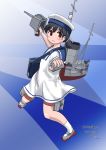  1girl black_hair blue_background blue_sailor_collar brown_eyes commentary_request depth_charge dress full_body hat hiburi_(kantai_collection) highres kantai_collection looking_at_viewer low_ponytail sailor_collar sailor_dress sailor_hat senon shoes short_hair short_sleeves smokestack socks solo uwabaki white_dress white_headwear white_legwear 