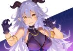  1girl armlet bangs black_gloves breasts character_name choker claw_pose cleavage copyright_request eyebrows_visible_through_hair fang gloves hair_between_eyes halterneck hase_neet jewelry long_hair looking_at_viewer medium_breasts pointy_ears purple_hair see-through solo upper_body virtual_youtuber yellow_eyes 