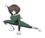  1girl aikir_(jml5160) akiyama_yukari arm_support bodysuit breasts brown_eyes brown_hair girls_und_panzer gloves highres kamen_rider medium_breasts messy_hair short_hair solo white_footwear white_gloves 