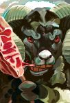  animal_focus cannibalism chinese_zodiac eating goat horizontal_pupils horns looking_at_viewer nengajou new_year nishimawari_kouro no_humans original red_eyes solo year_of_the_goat 