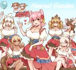  6+girls alpaca_ears alpaca_suri_(kemono_friends) animal_ears antlers arm_rest arm_up bangs bare_arms blonde_hair blue_eyes breasts brown_eyes brown_hair cleavage closed_mouth corset crossed_arms crossed_legs dark_skin dirndl dress eating english_text eurasian_eagle_owl_(kemono_friends) eyebrows_visible_through_hair floating flower food german_clothes grey_hair hair_between_eyes hair_bun hair_flower hair_ornament hair_over_one_eye hand_up head_scarf heart highres holding holding_food holding_tray huge_breasts jewelry kemono_friends kemono_friends_3 king_cobra_(kemono_friends) lace large_breasts lion_(kemono_friends) lion_ears long_hair looking_at_viewer medium_breasts medium_hair moose_(kemono_friends) moose_ears multicolored_hair multiple_girls northern_white-faced_owl_(kemono_friends) open_mouth orange_eyes panther_ears peach_panther_(kemono_friends) pendant pink_hair pretzel puffy_short_sleeves puffy_sleeves short_hair short_sleeves sitting smile snake_tail standing tail tray underbust waitress white_hair white_lion_(kemono_friends) yokuko_zaza 