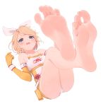  1girl absurdres ass bare_legs bare_shoulders barefoot blonde_hair blue_eyes blush bow breasts clothes_writing collarbone dress elbow_gloves fang feet feet_up foreshortening gloves hair_bow highres kagamine_rin kahlua_(artist) legs_up lying on_back open_mouth panties short_dress short_hair small_breasts soles solo sweat toes two-tone_dress underwear vocaloid white_dress white_panties wristband yellow_dress yellow_gloves 