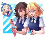  3girls andou_(girls_und_panzer) blonde_hair blue_eyes blush border breasts brown_eyes brown_hair closed_eyes drill_hair food girls_und_panzer highres ice_cream ice_cream_cone long_hair marie_(girls_und_panzer) medium_breasts mimoe multiple_girls necktie oshida_(girls_und_panzer) outside_border short_hair smile tan waffle_cone white_border 