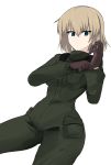  absurdres aikir_(jml5160) blonde_hair blue_eyes brown_gloves dutch_angle girls_und_panzer gloves hair_between_eyes highres jumpsuit katyusha_(girls_und_panzer) looking_at_viewer older pravda_military_uniform putting_on_gloves short_hair white_background 