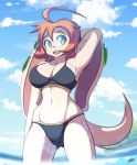  absurd_res anthro basset_hound bikini breasts canid canine canis clothing domestic_dog female freakyed freedom_planet fur green_eyes hair hi_res hunting_dog long_ears mammal milla_basset navel orange_hair partially_submerged scent_hound solo swimwear tan_body tan_fur video_games 