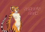  absurd_res anthro breasts dreamworks felid feline female hi_res kung_fu_panda looking_at_viewer mammal master_tigress nipples nude pantherine sabrotiger simple_background small_breasts smile solo standing text tiger 