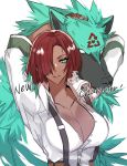  1girl animal animal_hug arms_up breasts cleavage collared_shirt dark_skin giovanna_(guilty_gear) green_eyes guilty_gear guilty_gear_strive hair_over_one_eye highres large_breasts lips no_pupils partially_unbuttoned red_hair rei_(guilty_gear) roas01b shirt short_hair signature solo_focus suspenders white_background white_shirt wolf 
