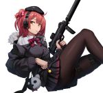  1girl ahoge bangs beret black_legwear breasts candy cero_(last2stage) food fur_trim girls_frontline gun h&amp;k_mp7 hair_ornament hat headphones highres holding jacket knee_up lollipop looking_at_viewer medium_breasts mp7_(girls_frontline) one_side_up pantyhose ponytail red_hair shirt simple_background skirt solo submachine_gun suppressor thigh_strap weapon white_background yellow_eyes 